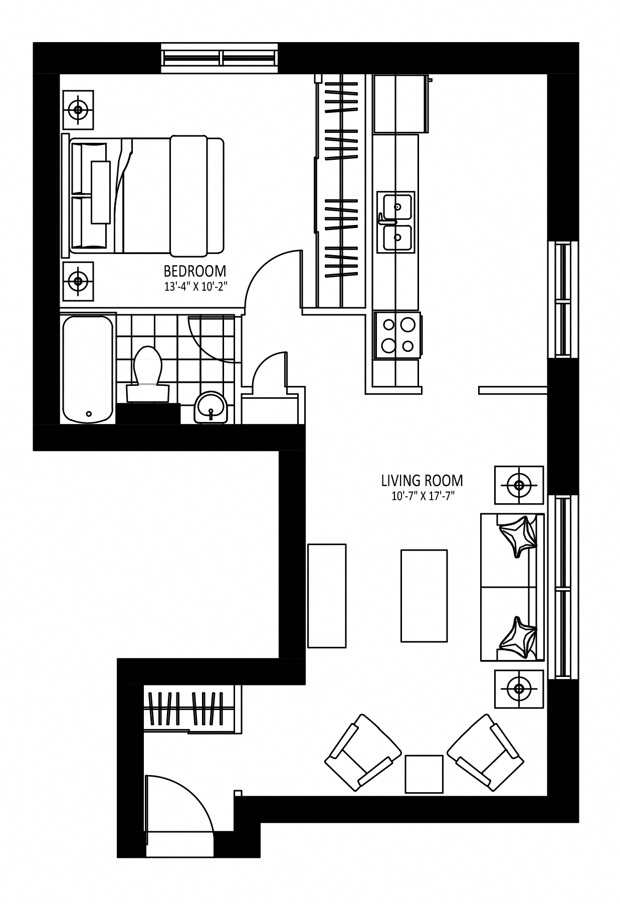 Floor plan for 1 bed, 1 bath, 664 sqft